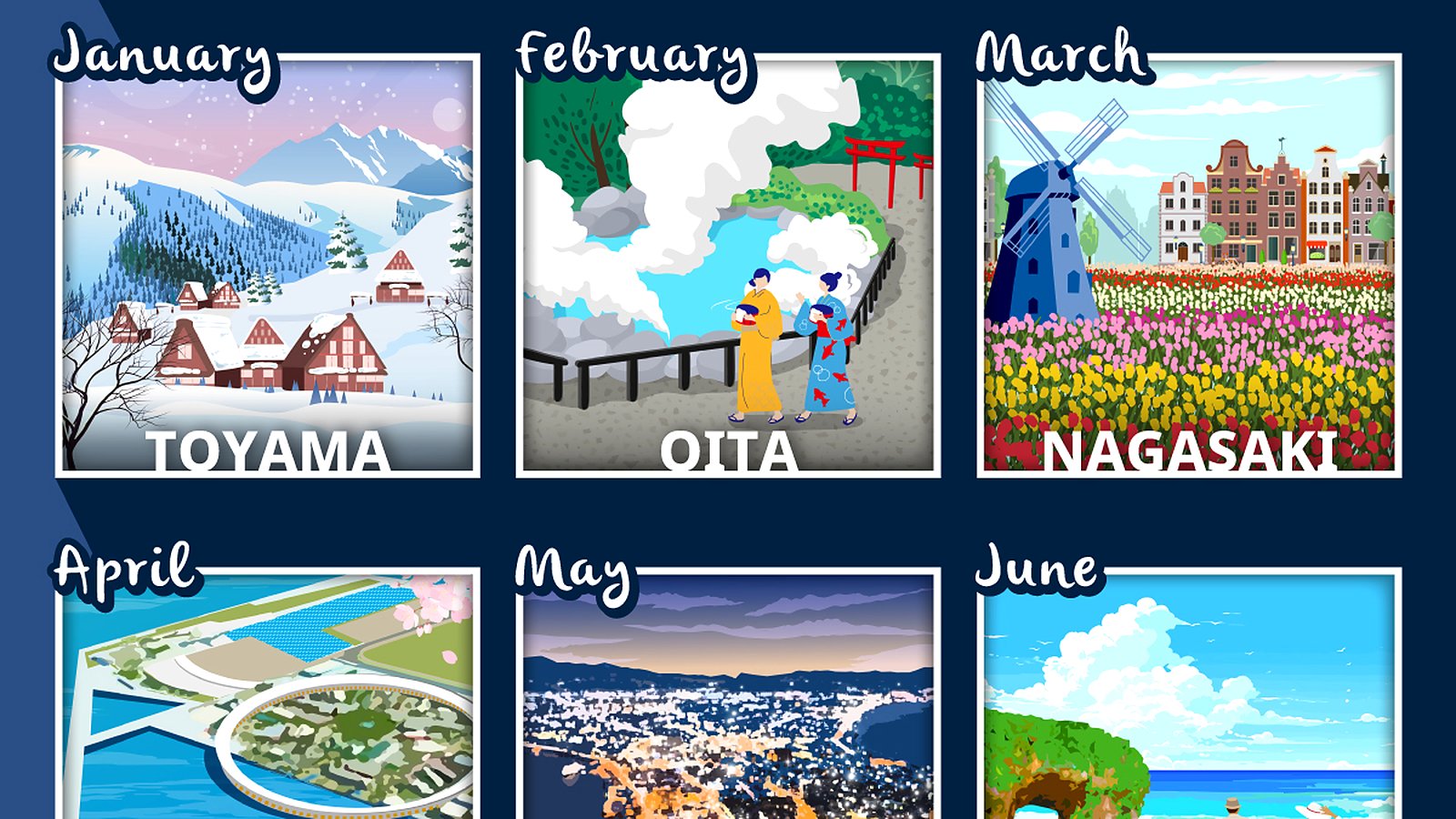 ANA '12 Places to Travel in 2025' editorial eDM showing illustrated destination tiles for Toyama, Oita and Nagasaki.