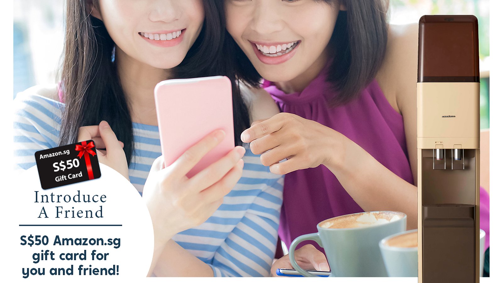 Premium Water refer-a-friend promotional creative showing two women with a smartphone and a water dispenser.
