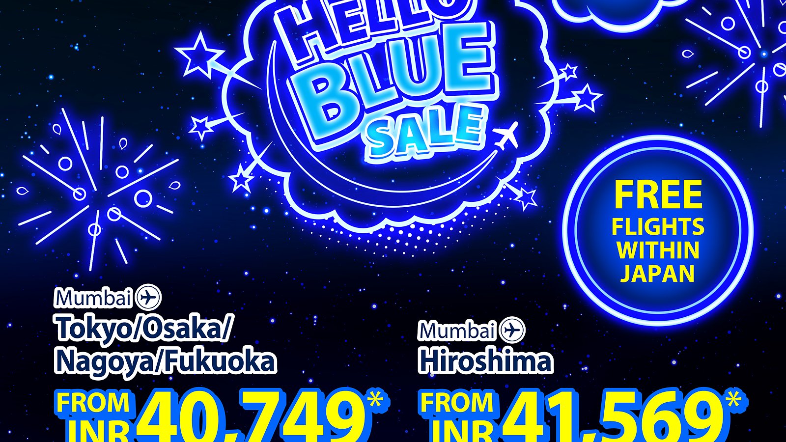 Hello Blue Sale digital creative promoting flight routes from Mumbai to Japan with neon blue typography.