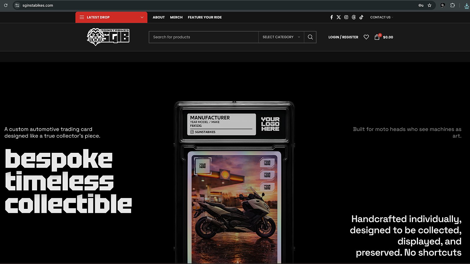 SGInstabikes website hero showcasing a bespoke automotive trading card product for motorcycle collectors.